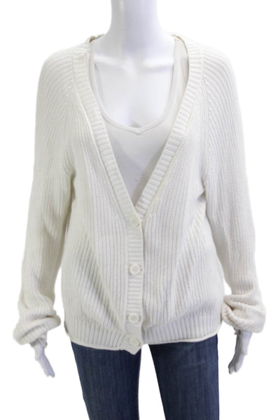 One Grey Day Women White Cotton V-Neck Cardigan Button Long Sleeve Size L