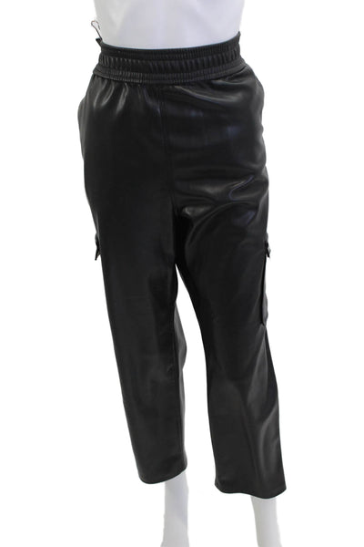Zara Women Faux Leather Biker Cargo Jogger Cropped Pants Black Size XL