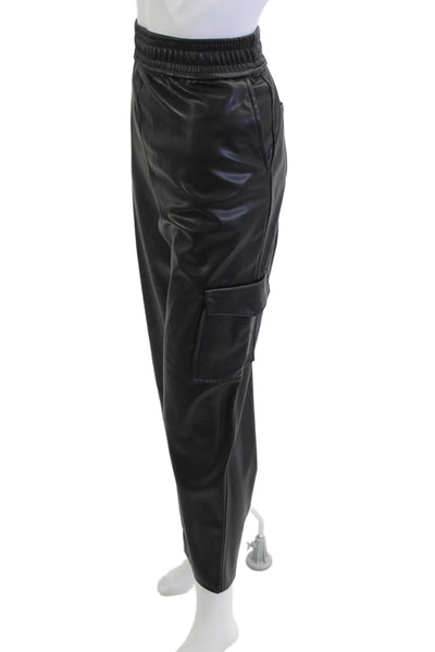 Zara Women Faux Leather Biker Cargo Jogger Cropped Pants Black Size XL