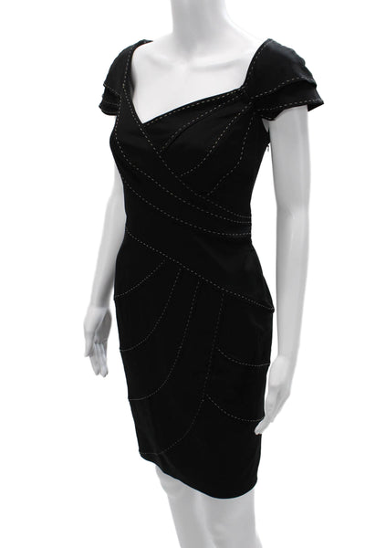 Tadashi Shoji Women Black Bodycon Sheath V-Neck Short Sleeve Dress Size 8