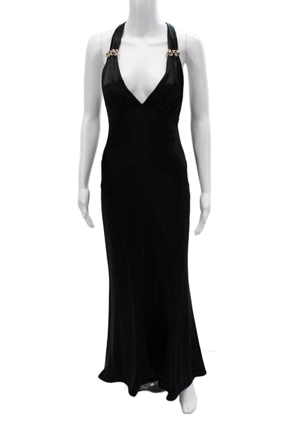ABS Evening Womens Satin Maxi Slip Dress V-Neck Sleeveless Black Size 6