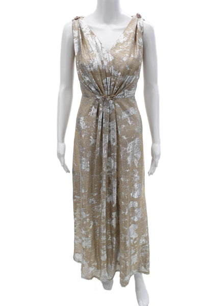 Tahari Levine Women Maxi Dress Beige V Neck Sleeveless Zip 100% Polyester Size 8