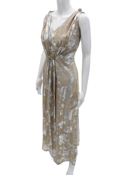 Tahari Levine Women Maxi Dress Beige V Neck Sleeveless Zip 100% Polyester Size 8
