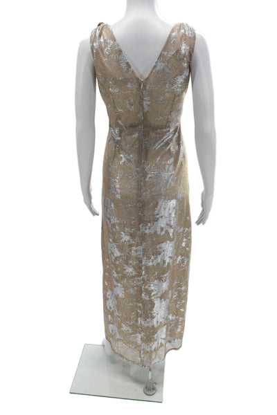 Tahari Levine Women Maxi Dress Beige V Neck Sleeveless Zip 100% Polyester Size 8