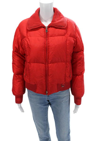 Bogner Womens Bomber Puffer Quilted Jacket Red Goose Down Collared Size S