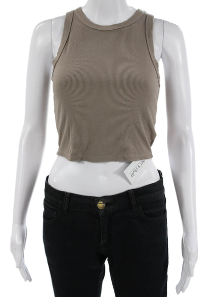 Pink Rose Women Cropped Tank Beige Crew Neck Button Modal Spandex Size S
