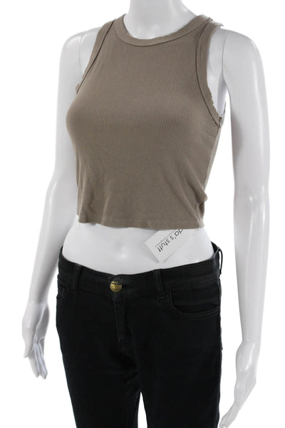 Pink Rose Women Cropped Tank Beige Crew Neck Button Modal Spandex Size S