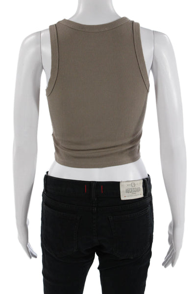 Pink Rose Women Cropped Tank Beige Crew Neck Button Modal Spandex Size S