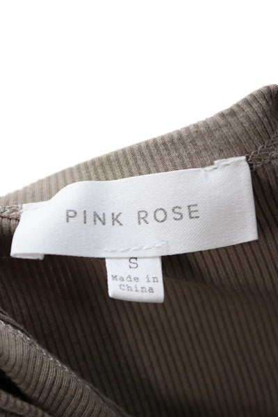 Pink Rose Women Cropped Tank Beige Crew Neck Button Modal Spandex Size S