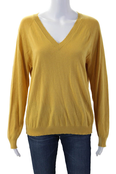 Minnie Rose Womens Pullover Sweater V Neck Yellow 95% Cotton 5% Cashmere Size M
