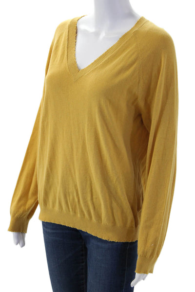 Minnie Rose Womens Pullover Sweater V Neck Yellow 95% Cotton 5% Cashmere Size M