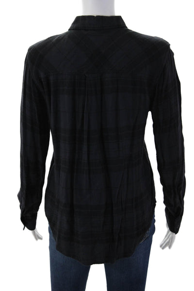 Rails Women Black Plaid Button Up Blouse Rayon Long Sleeve Petite Size S