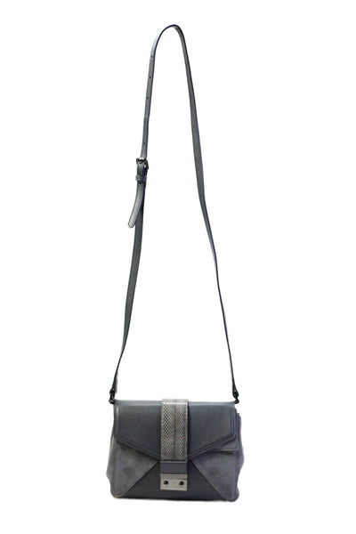 Alexandra Clancy Womens Embossed Trim Flap Suede Small Crossbody Handbag Gray
