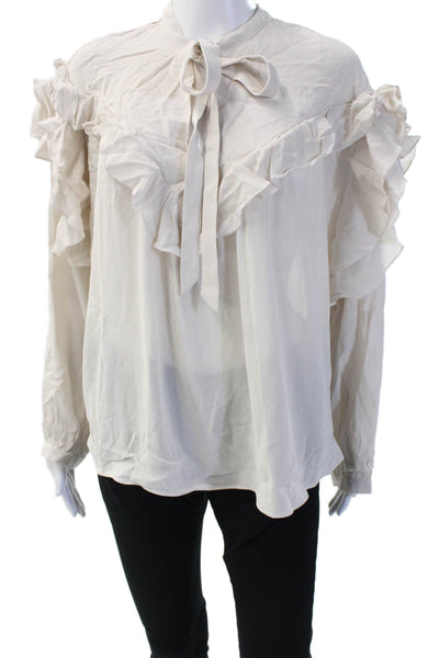 Zara Women Bohemian High Neck Viscose Tie Blouse Long Sleeve Beige Size L