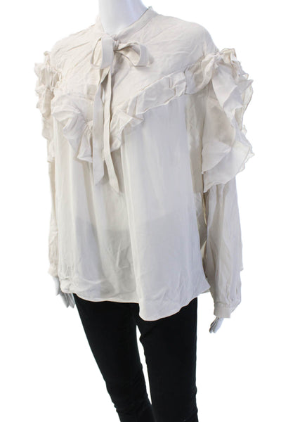 Zara Women Bohemian High Neck Viscose Tie Blouse Long Sleeve Beige Size L