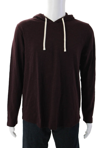 Vince Mens Pullover Hoodie V Neck Cotton Brown Drawstring Size L