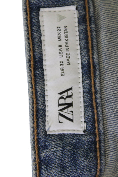 Zara Women Cropped Straight High Rise Jeans Blue Cotton Blend Size 0