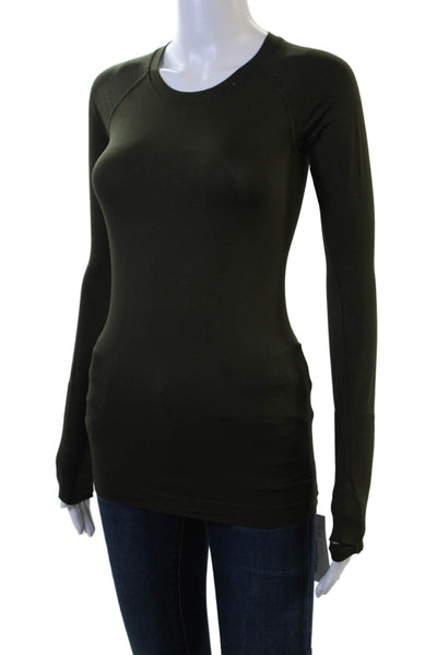 Lululemon Womens Army Green Nylon Crew Neck Basic Long Sleeve T-Shirt Size 2