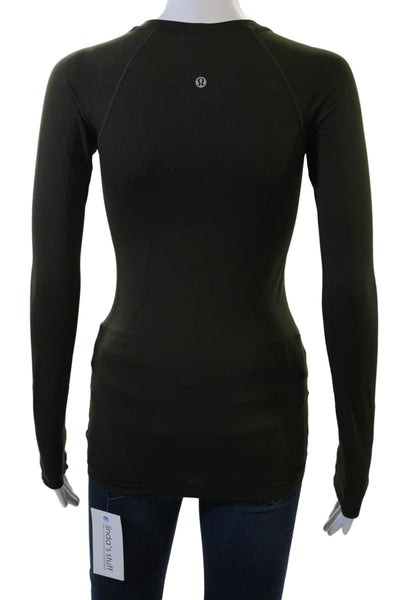 Lululemon Womens Army Green Nylon Crew Neck Basic Long Sleeve T-Shirt Size 2