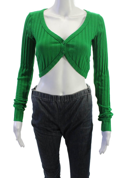 Cotton Citizen Womens Cropped Striped V-Neck Button-Up Long Sleeve Green Size S