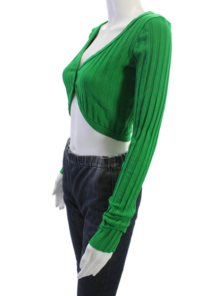 Cotton Citizen Womens Cropped Striped V-Neck Button-Up Long Sleeve Green Size S