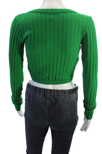 Cotton Citizen Womens Cropped Striped V-Neck Button-Up Long Sleeve Green Size S