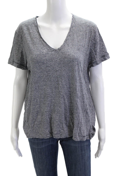 Club Monaco Women Basic Jersey V-Neck Striped Black Short Sleeve T-Shirt Size L