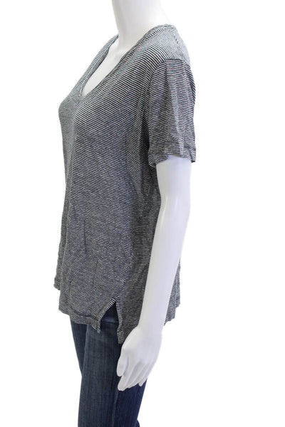 Club Monaco Women Basic Jersey V-Neck Striped Black Short Sleeve T-Shirt Size L