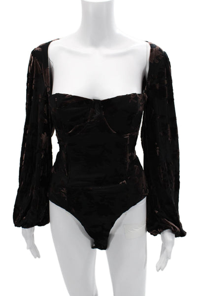 ASTR Women Velvet Floral Square Neck Long Sleeve Bodysuit Size L