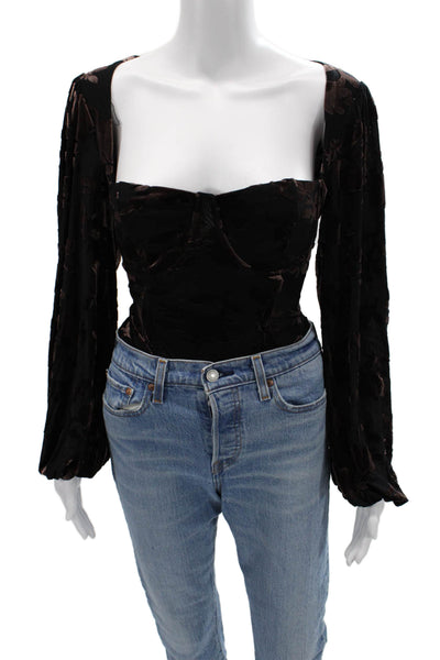 ASTR Women Velvet Floral Square Neck Long Sleeve Bodysuit Size L