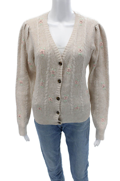 ASTR Womens Cardigan Beige Floral V Neck Button Long Sleeve Polyester Size L