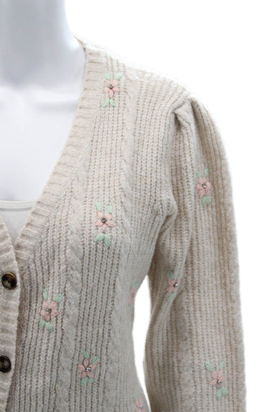 ASTR Womens Cardigan Beige Floral V Neck Button Long Sleeve Polyester Size L