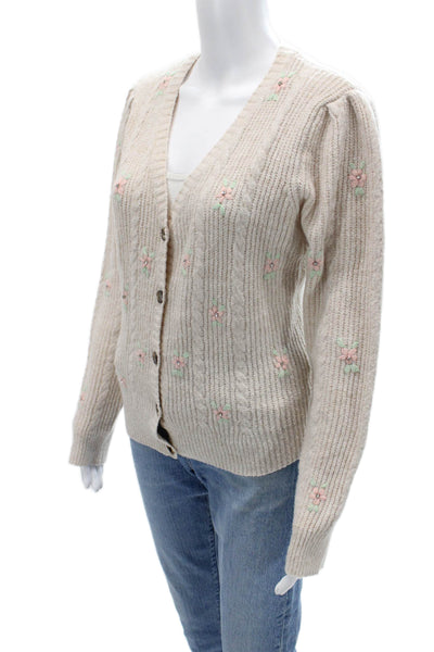 ASTR Womens Cardigan Beige Floral V Neck Button Long Sleeve Polyester Size L
