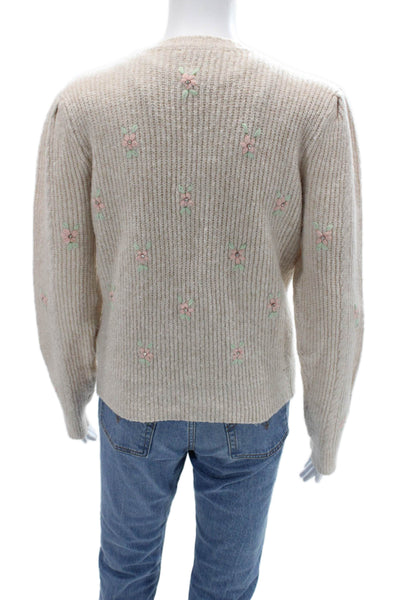 ASTR Womens Cardigan Beige Floral V Neck Button Long Sleeve Polyester Size L
