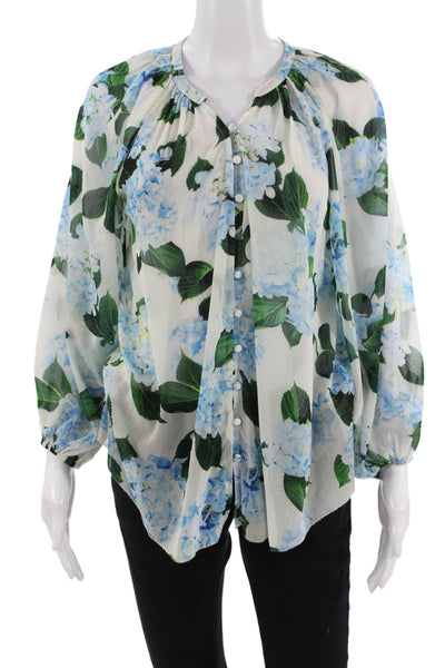 L'Agence Women Blue Floral Round Neck Long Sleeve Button Up Blouse Size S