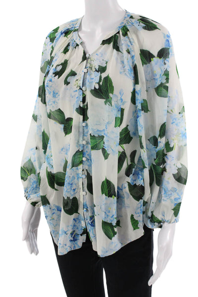 L'Agence Women Blue Floral Round Neck Long Sleeve Button Up Blouse Size S