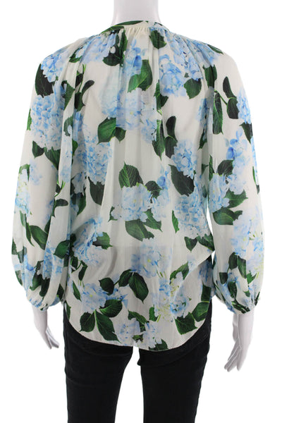 L'Agence Women Blue Floral Round Neck Long Sleeve Button Up Blouse Size S