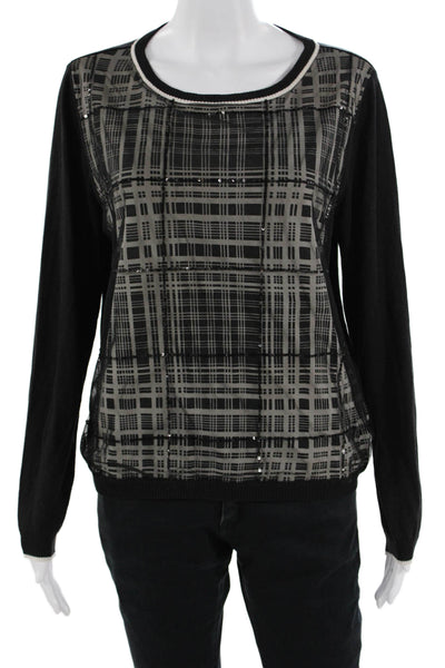 Max Mara Womens Cashmere Blend Check Long Sleeve Top Round Neck Black Size S