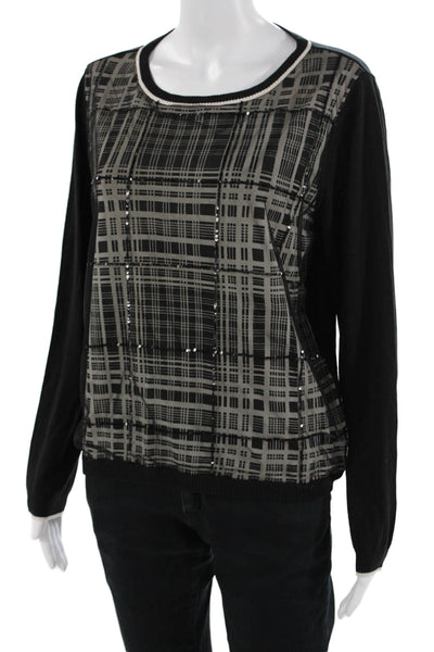 Max Mara Womens Cashmere Blend Check Long Sleeve Top Round Neck Black Size S