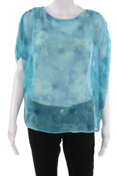 Elie Tahari Women Blue Silk Floral Round Neck Short Sleeve Blouse Size S