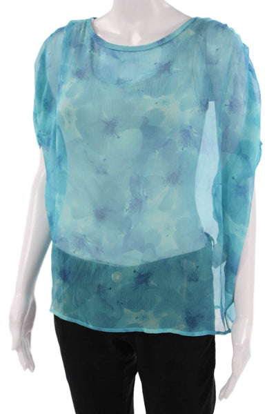 Elie Tahari Women Blue Silk Floral Round Neck Short Sleeve Blouse Size S