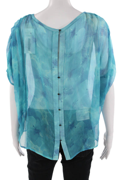 Elie Tahari Women Blue Silk Floral Round Neck Short Sleeve Blouse Size S
