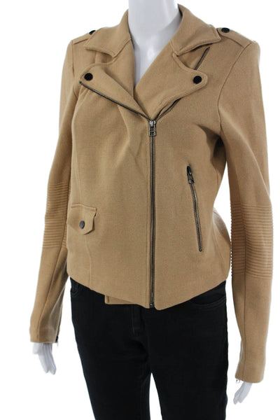 Minnie Rose Womens Beige Biker Jacket Collared Button Long Sleeve Size S