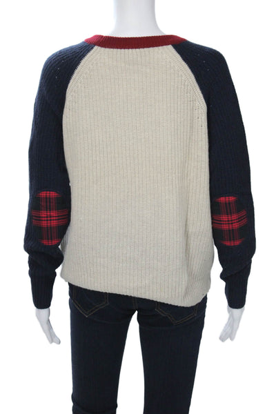 Autumn Cashmere Unisex Beige Plaid Wool Pullover Sweater Crew Neck Zip Size M