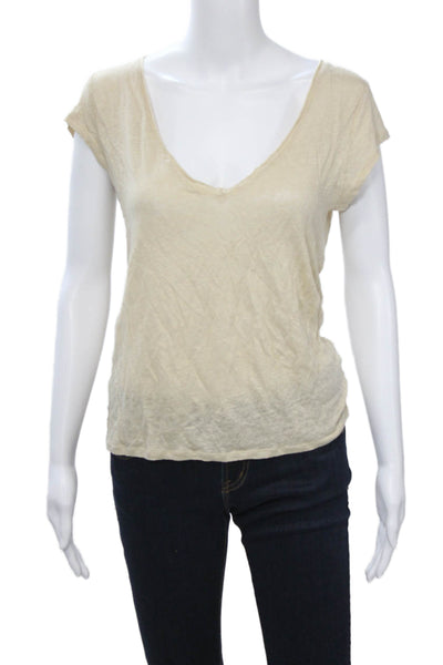 Calypso Saint Barth Women Jersey V-Neck Linen Tee Beige Short Sleeve Size L