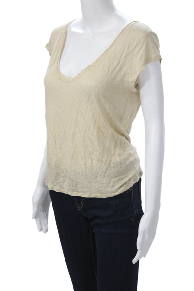 Calypso Saint Barth Women Jersey V-Neck Linen Tee Beige Short Sleeve Size L