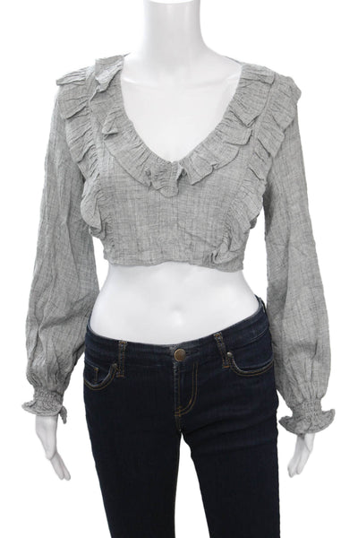 Zara Womens Cropped V Neck Bohemian Gray Long Sleeve Blouse Size S