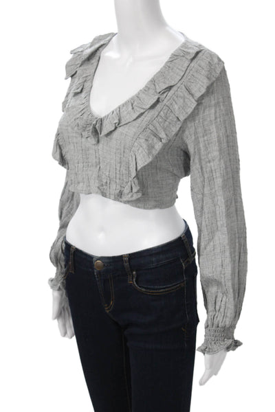 Zara Womens Cropped V Neck Bohemian Gray Long Sleeve Blouse Size S