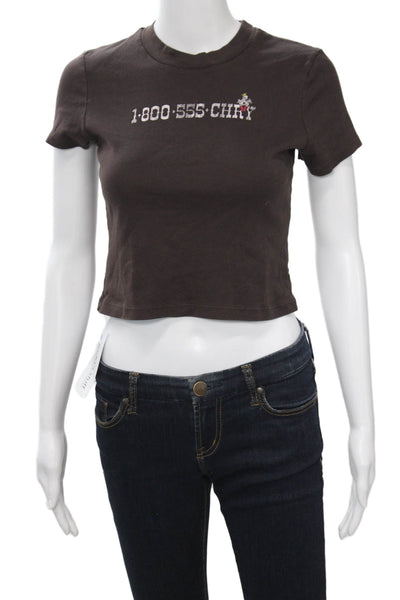 Cherry Women Cropped Graphic Brown Cotton Crew Neck Short Sleeve T-Shirt Size S