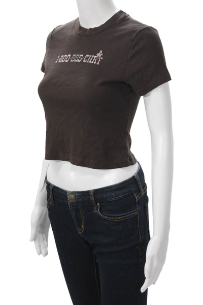 Cherry Women Cropped Graphic Brown Cotton Crew Neck Short Sleeve T-Shirt Size S